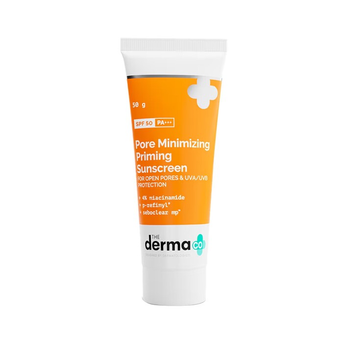 Tube of Pore Minimizing Priming Sunscreen by The Derma Co on a white background