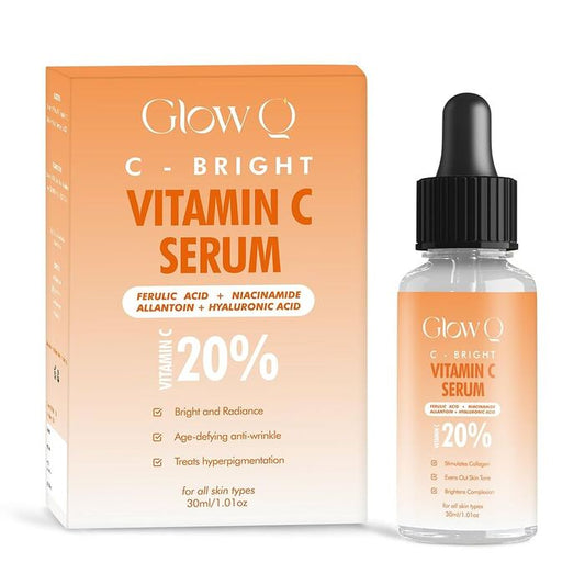 Glow Q C-Bright Vitamin C Serum packaging and bottle on a white background