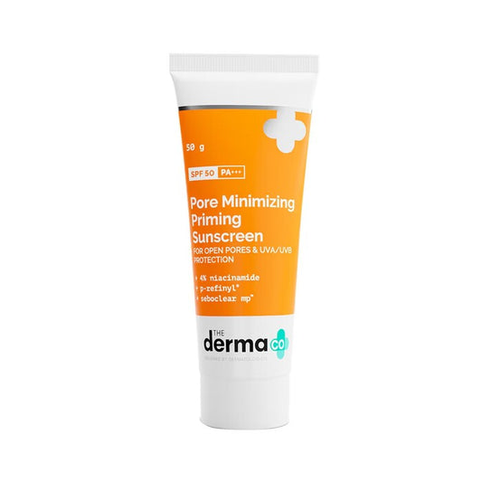 Tube of Pore Minimizing Priming Sunscreen by The Derma Co on a white background